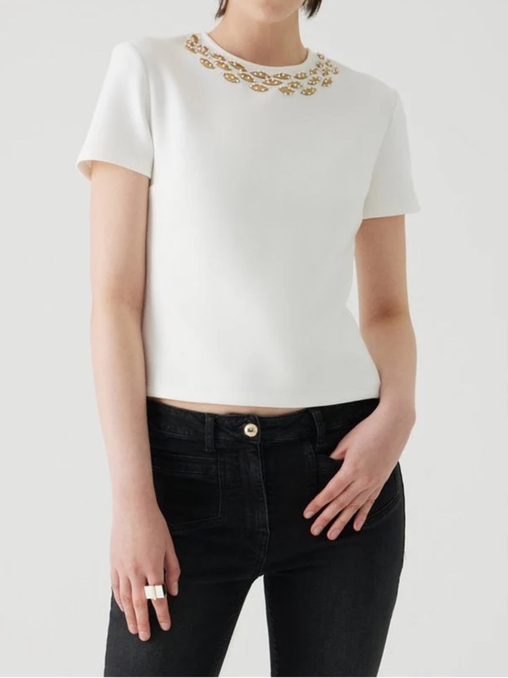 NEW Exquise Embellished Abril Knit Top Ecru Crewneck Stretch Blouse Tee Small